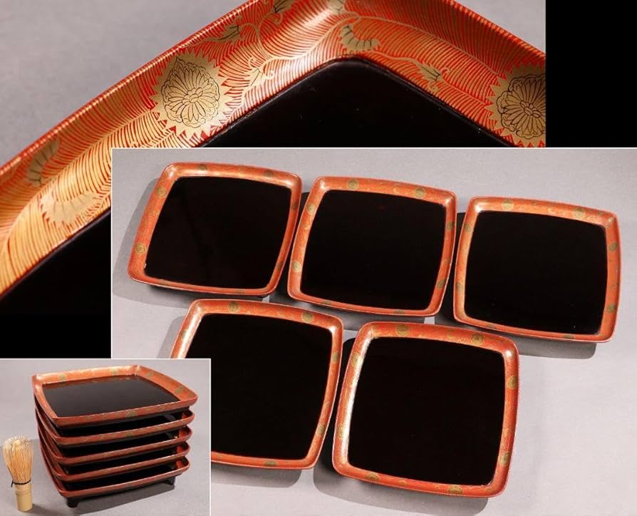 木製 黒塗 四方膳 二客 脚付 四君子 金蒔絵 茶懐石 【公式通販】