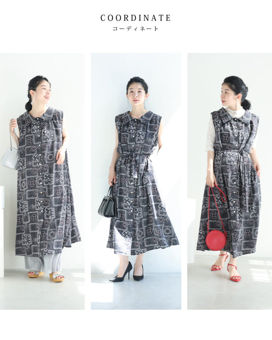 ゆったり心地よい刺繍風プリントのロングワンピース（紐リボン付き