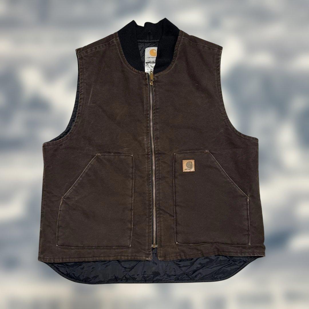 Carhartt ブラウン ジップアップキルティングベスト カーハート ダック ベスト キルティング裏地 中綿 カーハート