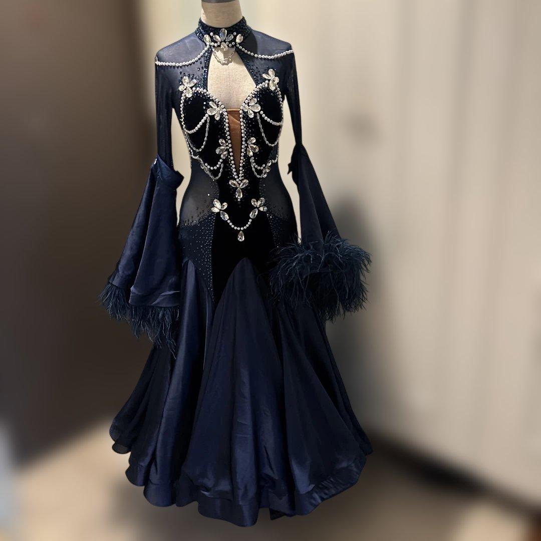 社交ダンスドレス ネイビーブルー ビジュー付き 試着・レンタル・購入】社交ダンスドレス SMサイズ ネイビー×ブルー