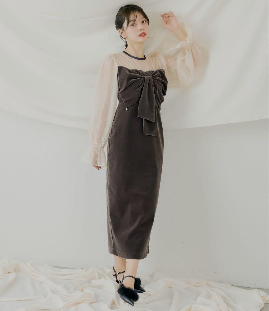 CHICO オケージョン 配色シアーリボンベロアワンピース チャコールグレー CHICO オケージョン 配色シアーリボンベロアワンピース