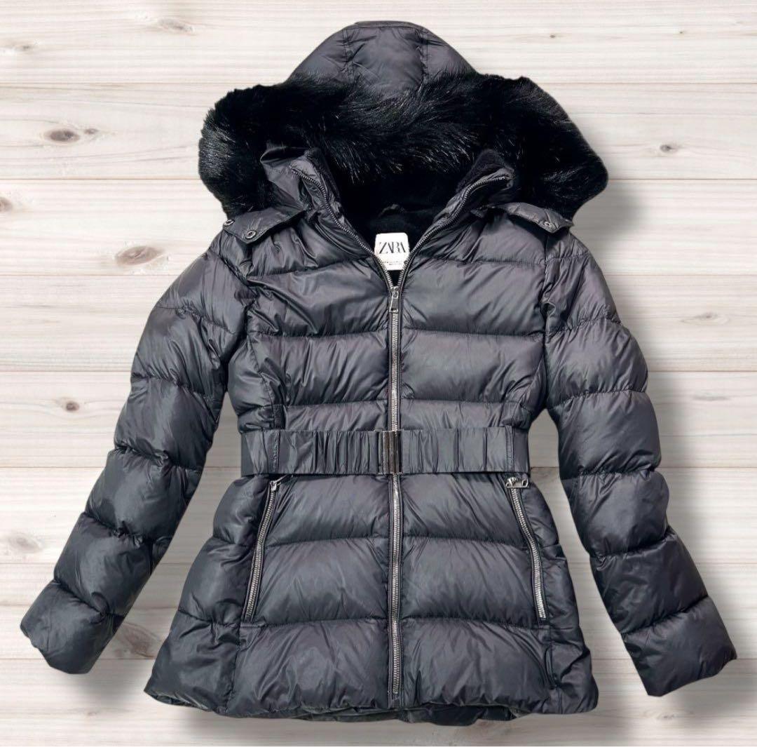 ZARA ザラ　ダウンコート　Aライン　フードファー・ベルト　2way　ブラック ZARA】ザラ ダウンコート ベルト ファー取り外し Aライン 2way 黒