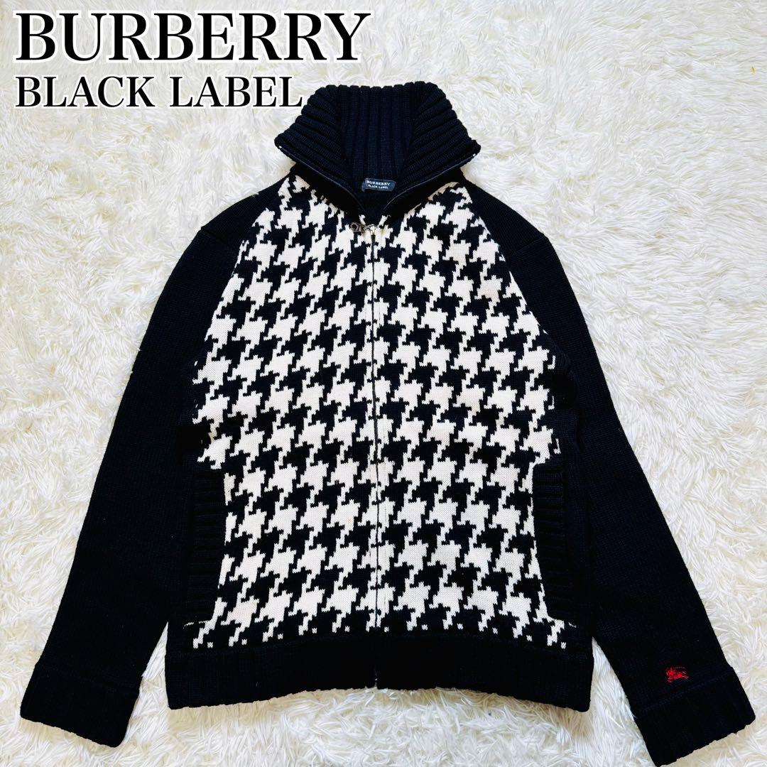 美品✨バーバリーブラックレーベル ニットジャケット 千鳥柄 黒／白 サイズM 中古・古着通販】BURBERRY BLACK LABEL (バーバリーブラックレーベル