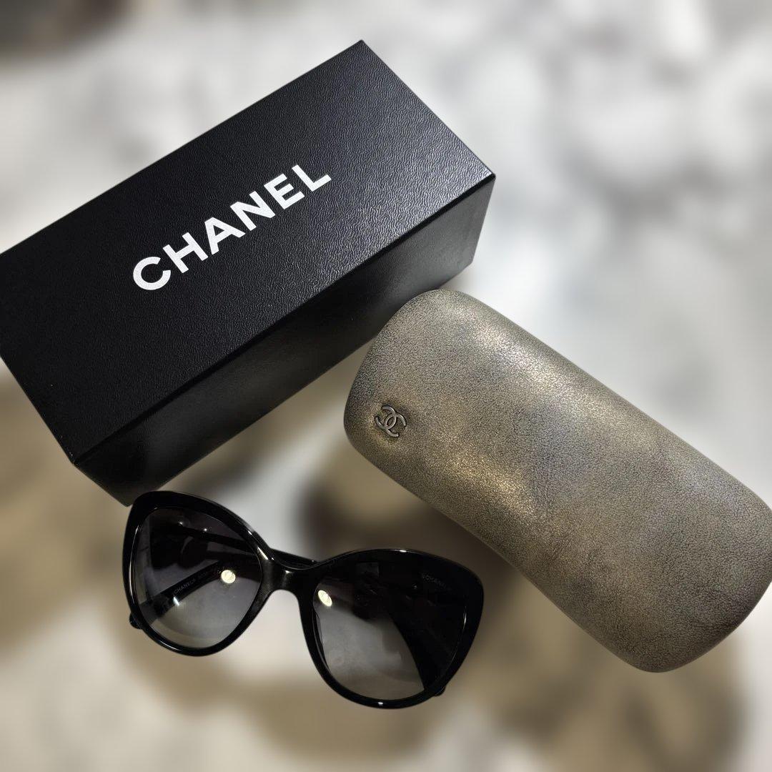 【外箱 ケースつき】CHANEL サングラス パールサングラス ブラック シャネルブラックサングラスレクタングル