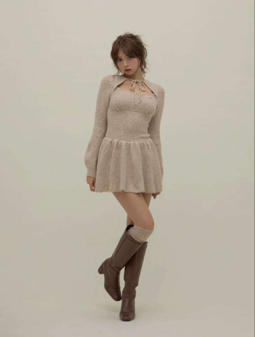 ワンピース ANDMARY Amy cable flare mini dress Beige ANDMARY】Amy cable flare mini dress