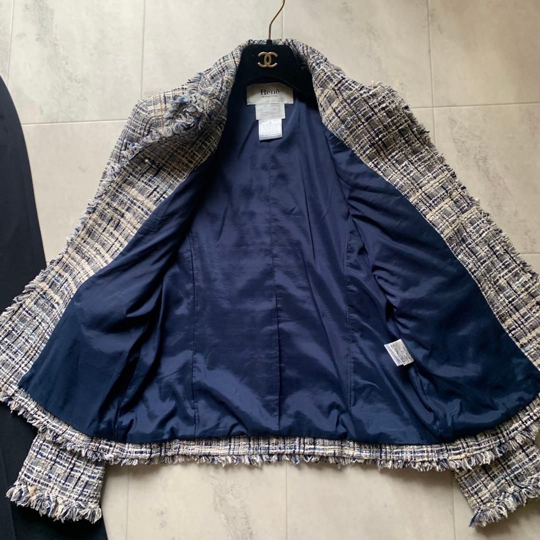 美品ルネ ツイード ジャケット セットアップ スーツ パンツ 上38下36