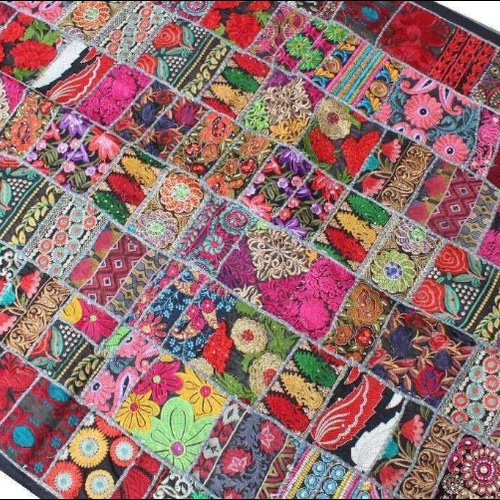 インド刺繍リボン 布 パッチワーク敷物 ラグ ヴィンテージ エスニック