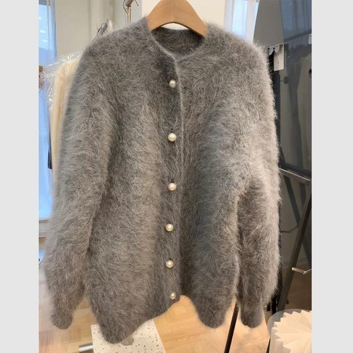 ファーカーディガン ファー 前ボタン パール グレー エレガント